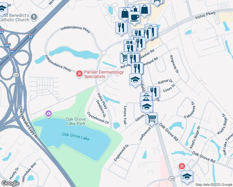 map of restaurants, bars, coffee shops, grocery stores, and more near 1215 Damyien Arch in Chesapeake