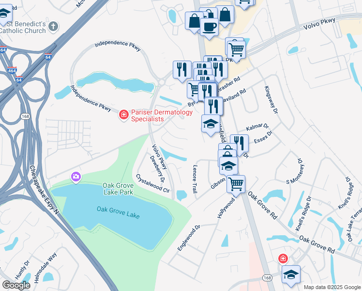 map of restaurants, bars, coffee shops, grocery stores, and more near 1217 Damyien Arch in Chesapeake