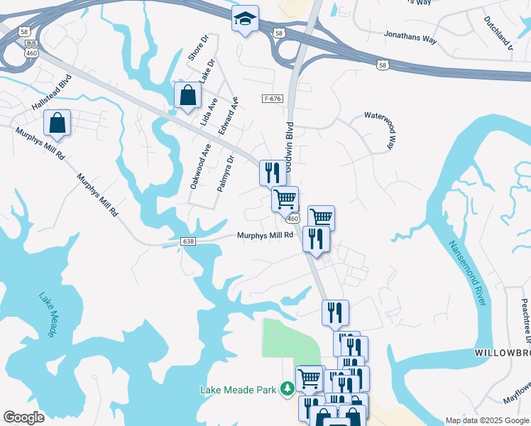 map of restaurants, bars, coffee shops, grocery stores, and more near 2303 Pruden Boulevard in Suffolk