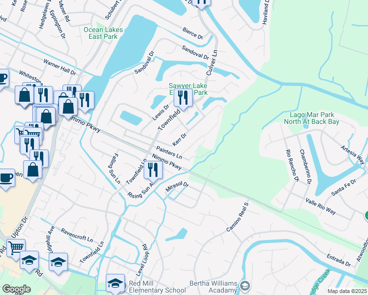 map of restaurants, bars, coffee shops, grocery stores, and more near 2328 Treesong Trail in Virginia Beach
