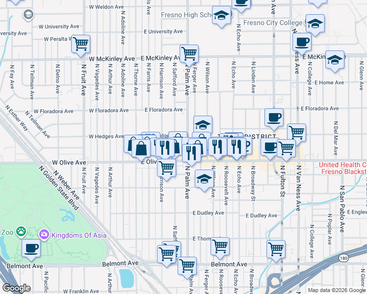 map of restaurants, bars, coffee shops, grocery stores, and more near 1249 N Palm Ave in Fresno