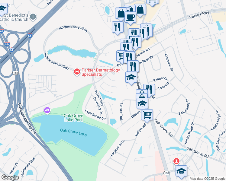 map of restaurants, bars, coffee shops, grocery stores, and more near 1215 Damyien Arch in Chesapeake