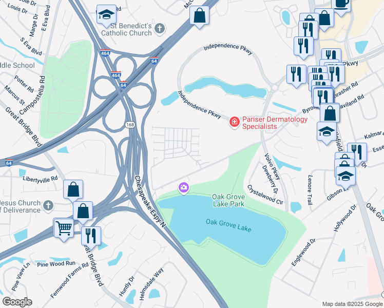 map of restaurants, bars, coffee shops, grocery stores, and more near 415 Prince George Court in Chesapeake