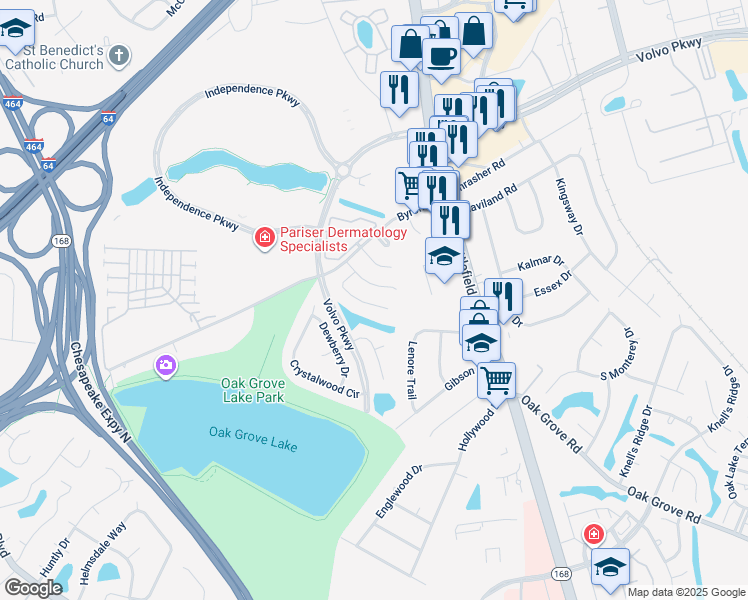 map of restaurants, bars, coffee shops, grocery stores, and more near 1229 Damyien Arch in Chesapeake