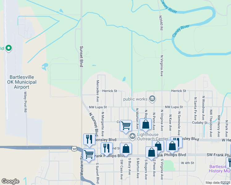 map of restaurants, bars, coffee shops, grocery stores, and more near 344 Northwest Adeline Avenue in Bartlesville