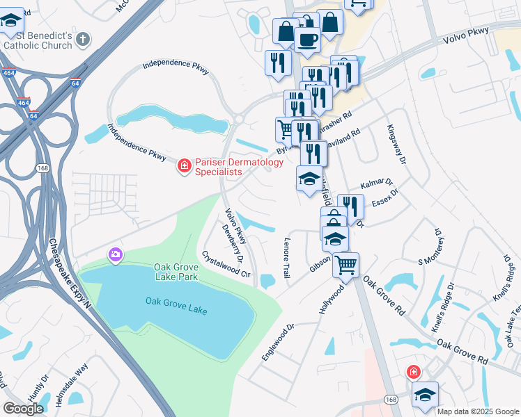 map of restaurants, bars, coffee shops, grocery stores, and more near 1229 Damyien Arch in Chesapeake