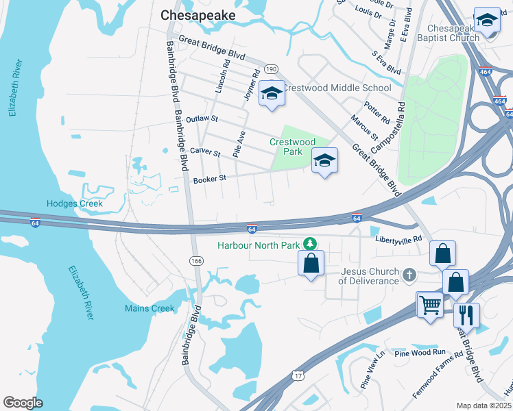 map of restaurants, bars, coffee shops, grocery stores, and more near 719 Durham Avenue in Chesapeake