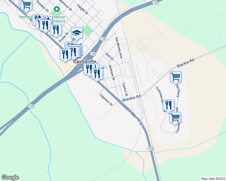 map of restaurants, bars, coffee shops, grocery stores, and more near 11700 Jackson Street in Castroville