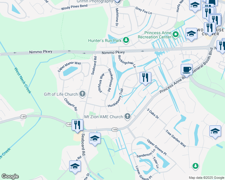 map of restaurants, bars, coffee shops, grocery stores, and more near 2432 Smokehouse Road in Virginia Beach