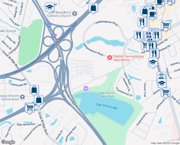 map of restaurants, bars, coffee shops, grocery stores, and more near 415 Prince George Court in Chesapeake