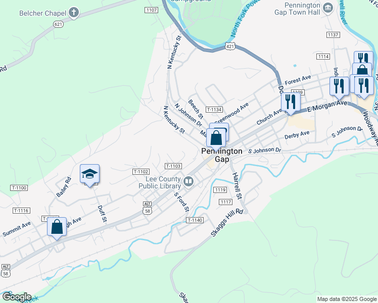 map of restaurants, bars, coffee shops, grocery stores, and more near Stanberry Street in Pennington Gap