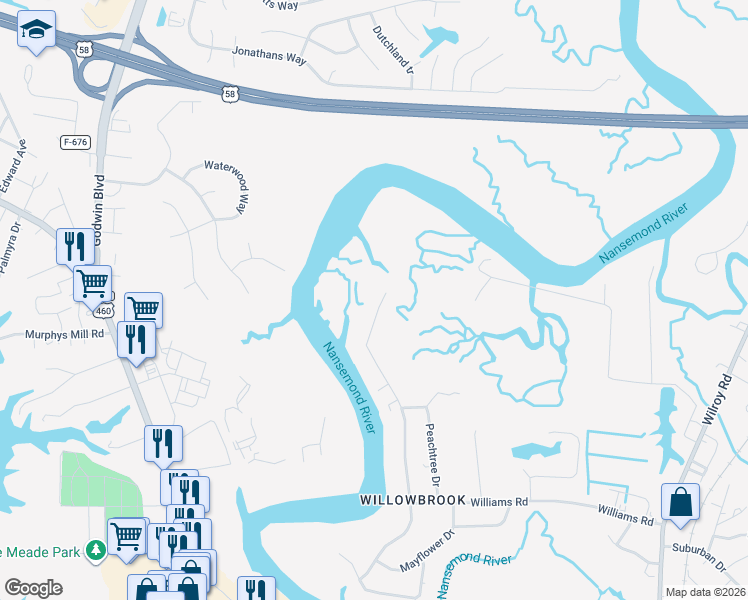 map of restaurants, bars, coffee shops, grocery stores, and more near 1349 River Road in Suffolk