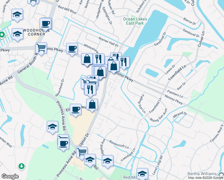map of restaurants, bars, coffee shops, grocery stores, and more near 2228 Mill Crossing Drive in Virginia Beach