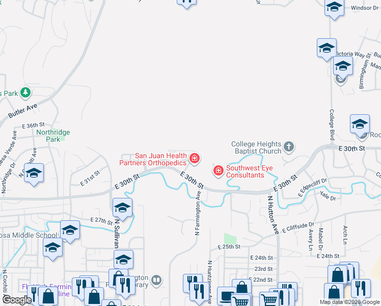map of restaurants, bars, coffee shops, grocery stores, and more near 2201 Heights Drive in Farmington
