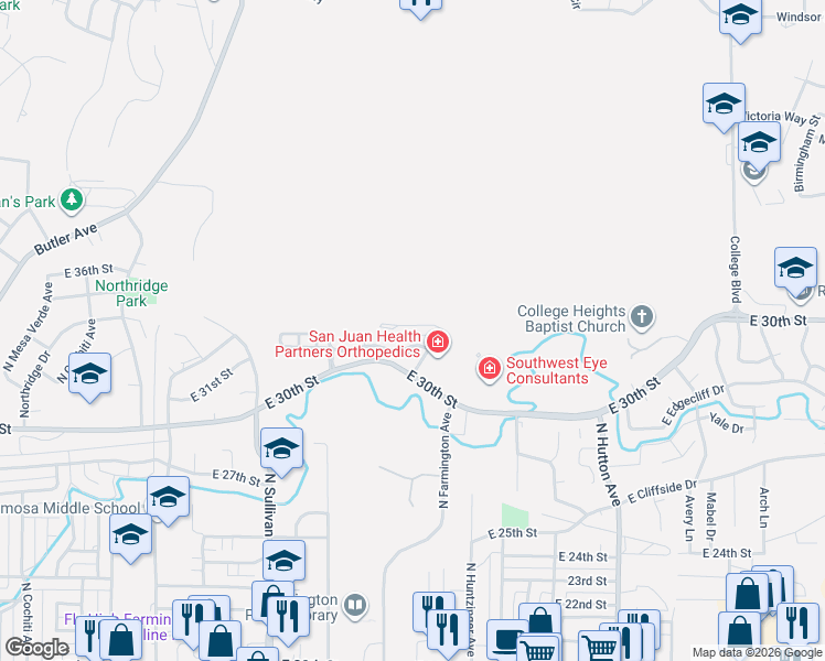map of restaurants, bars, coffee shops, grocery stores, and more near 2201 Heights Drive in Farmington