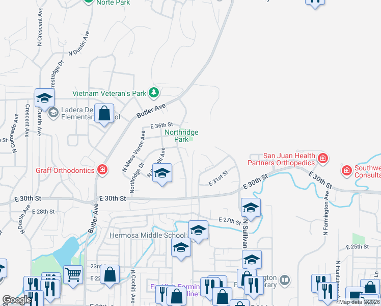 map of restaurants, bars, coffee shops, grocery stores, and more near 3407 Northridge Ct in Farmington