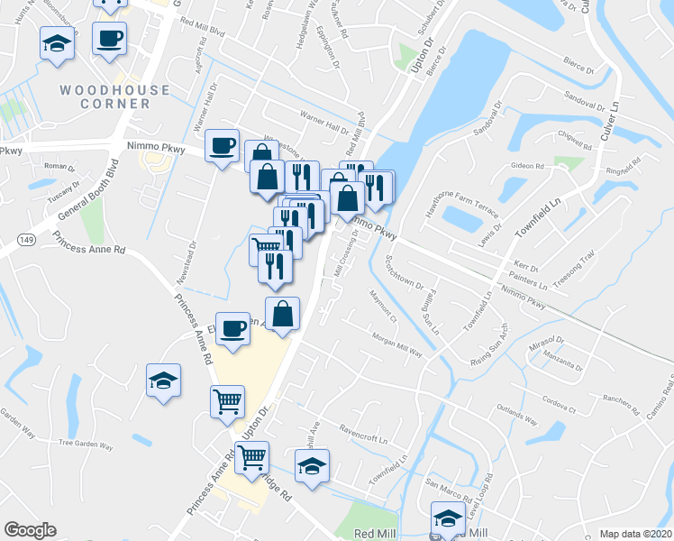 map of restaurants, bars, coffee shops, grocery stores, and more near 2265 Mill Crossing Drive in Virginia Beach
