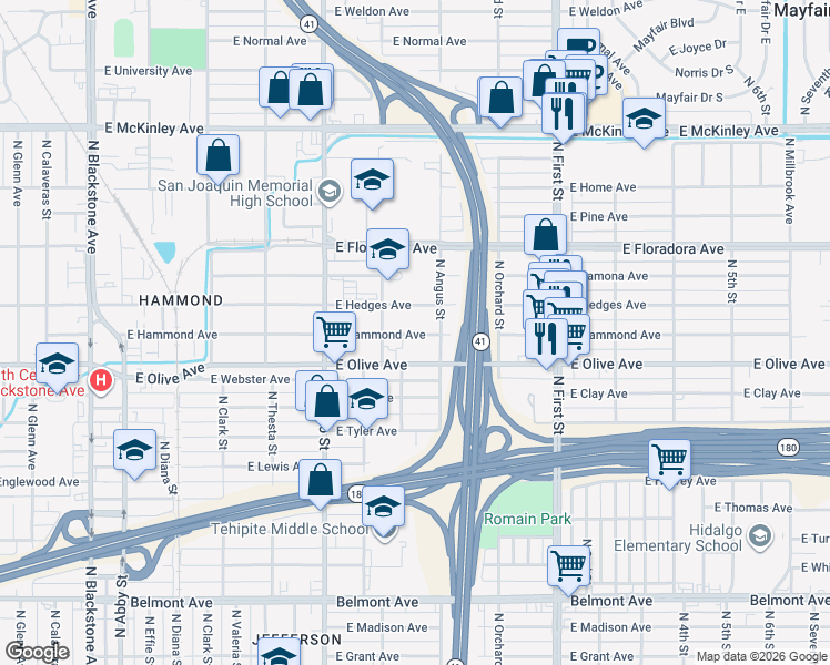 map of restaurants, bars, coffee shops, grocery stores, and more near 2811 East Hammond Avenue in Fresno