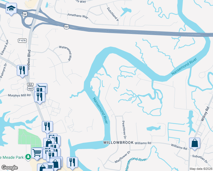 map of restaurants, bars, coffee shops, grocery stores, and more near 1349 River Road in Suffolk