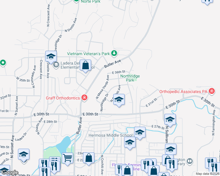 map of restaurants, bars, coffee shops, grocery stores, and more near 3309 Northridge Drive in Farmington