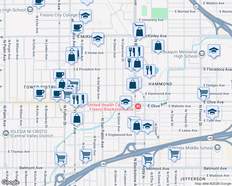 map of restaurants, bars, coffee shops, grocery stores, and more near 1270 North Glenn Avenue in Fresno