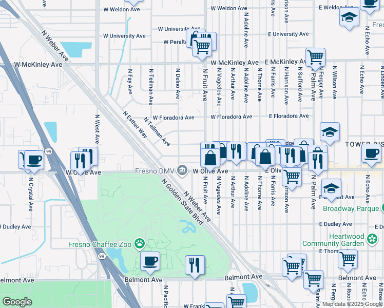 map of restaurants, bars, coffee shops, grocery stores, and more near 533 West Hedges Avenue in Fresno