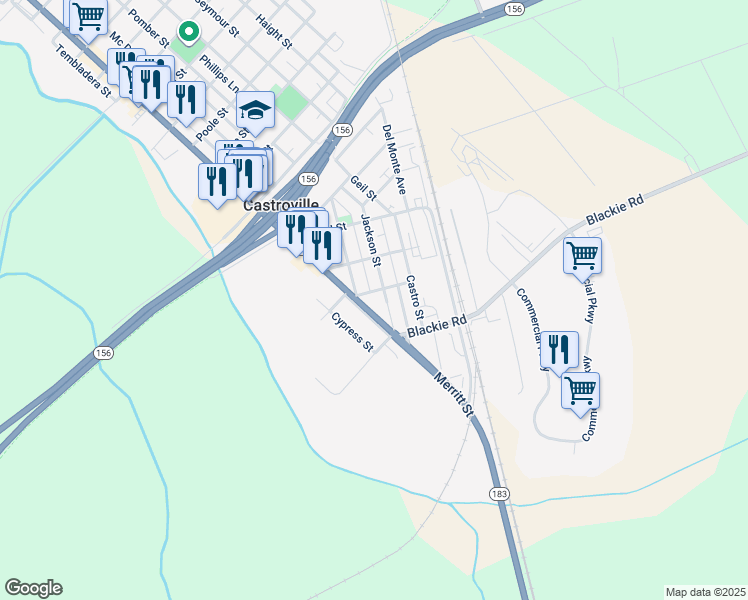 map of restaurants, bars, coffee shops, grocery stores, and more near 11700 Jackson Street in Castroville