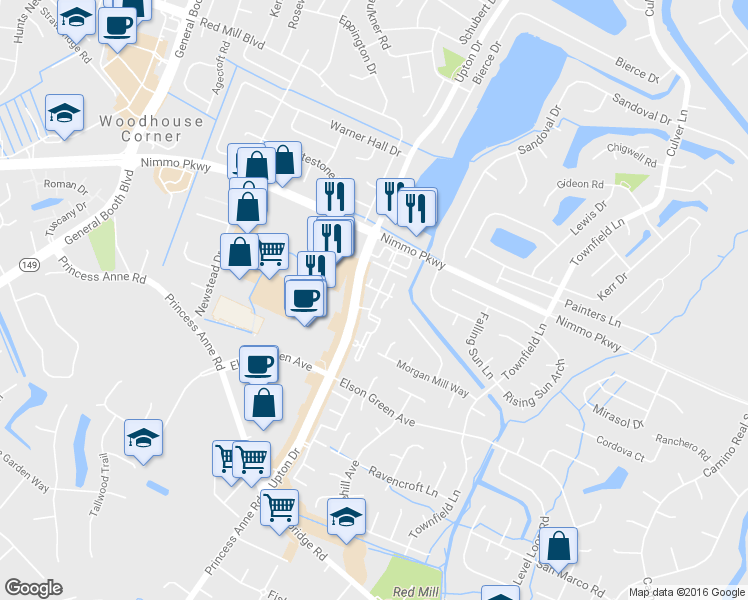 map of restaurants, bars, coffee shops, grocery stores, and more near Mill Crossing Drive in Virginia Beach