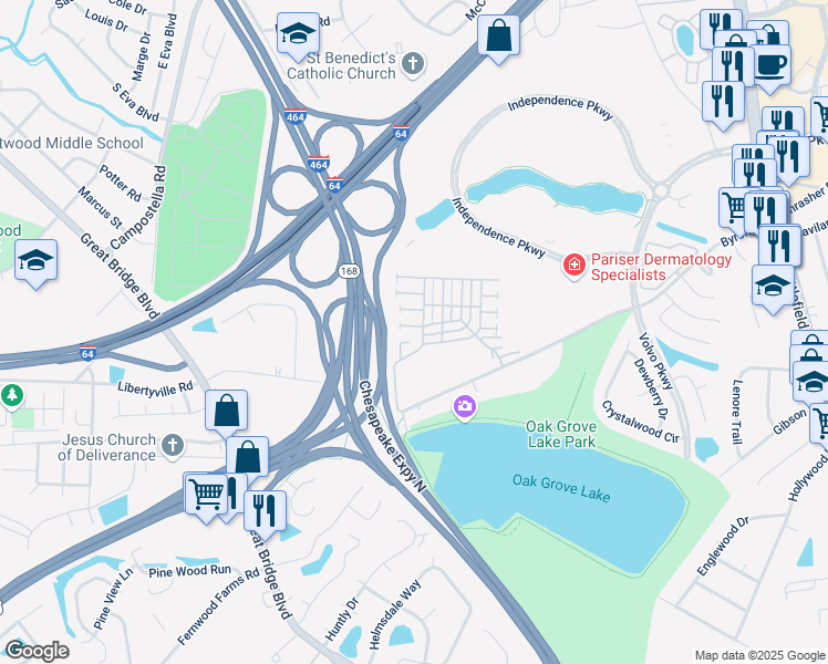 map of restaurants, bars, coffee shops, grocery stores, and more near 1301 Queens Gate in Chesapeake