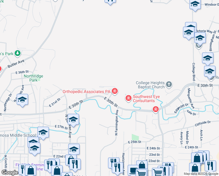 map of restaurants, bars, coffee shops, grocery stores, and more near 2201 Heights Drive in Farmington