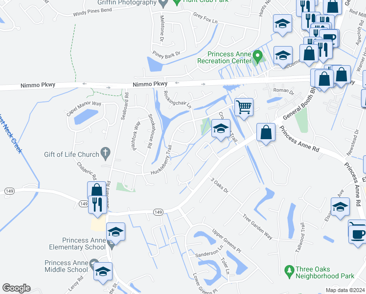 map of restaurants, bars, coffee shops, grocery stores, and more near 2332 Rockingchair Lane in Virginia Beach