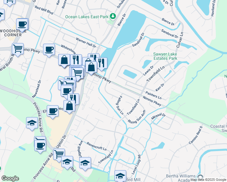 map of restaurants, bars, coffee shops, grocery stores, and more near 1953 Falling Sun Circle in Virginia Beach