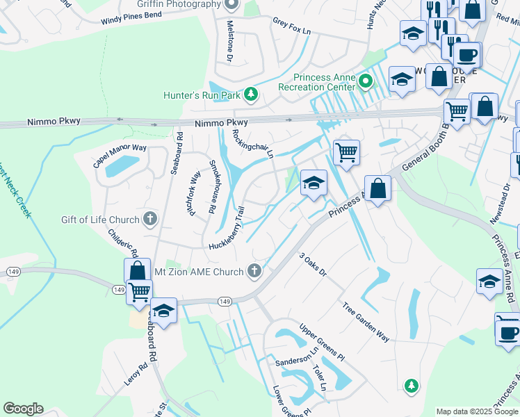 map of restaurants, bars, coffee shops, grocery stores, and more near 2332 Rockingchair Lane in Virginia Beach