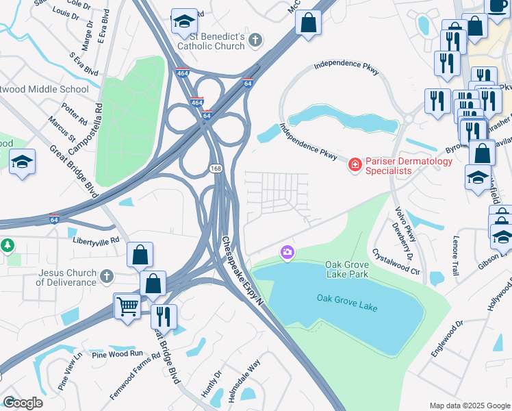 map of restaurants, bars, coffee shops, grocery stores, and more near 1301 Queens Gate in Chesapeake