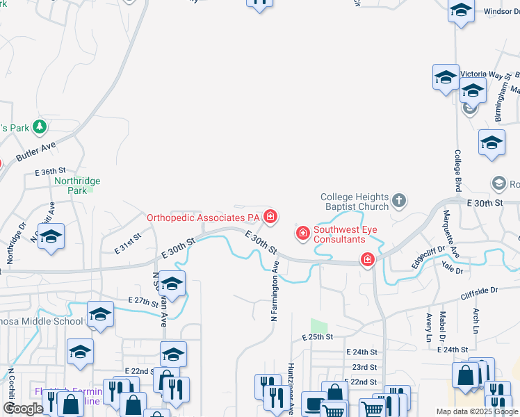 map of restaurants, bars, coffee shops, grocery stores, and more near 2203 Heights Drive in Farmington