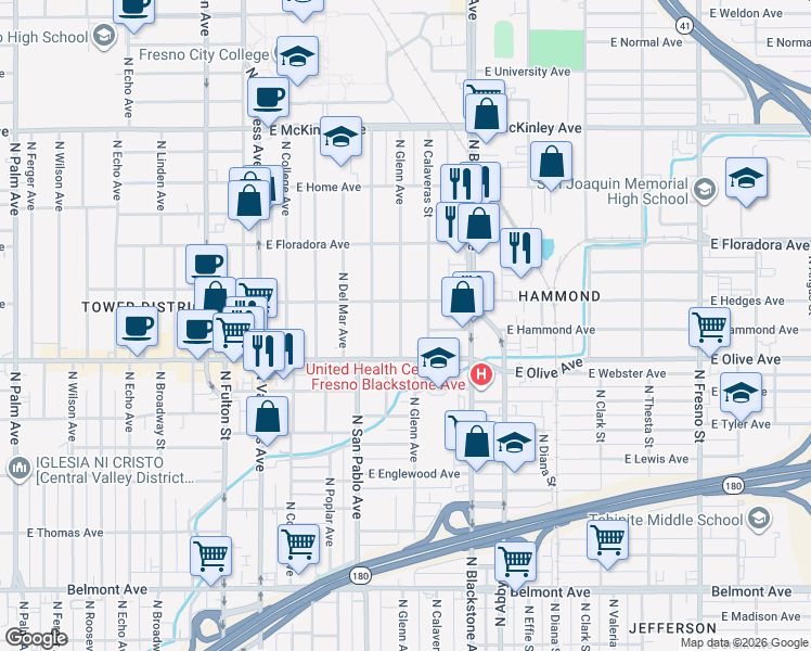 map of restaurants, bars, coffee shops, grocery stores, and more near 1270 North Glenn Avenue in Fresno
