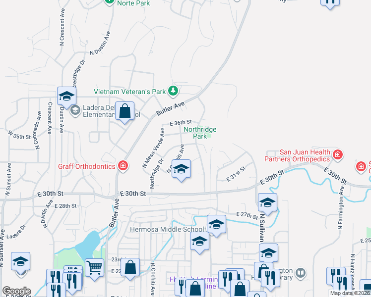 map of restaurants, bars, coffee shops, grocery stores, and more near 3340-3398 Northridge Drive in Farmington