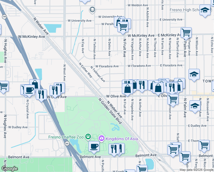 map of restaurants, bars, coffee shops, grocery stores, and more near 1283 North Delno Avenue in Fresno