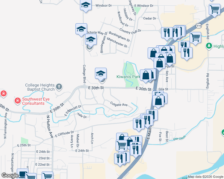 map of restaurants, bars, coffee shops, grocery stores, and more near 3401 East 30th Street in Farmington