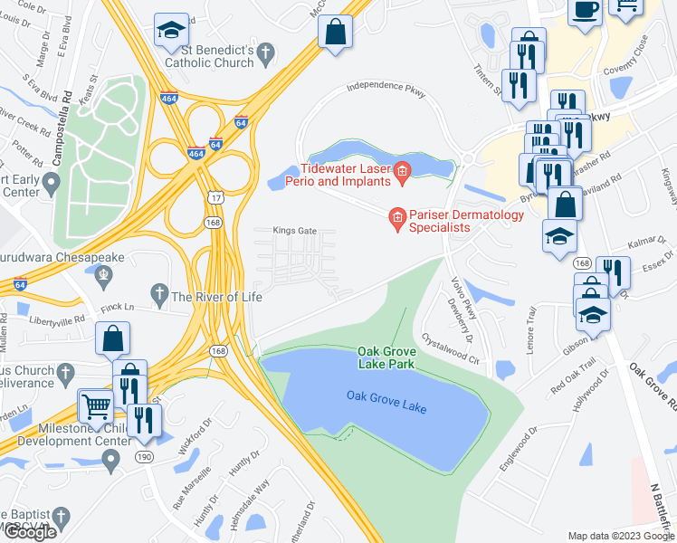 map of restaurants, bars, coffee shops, grocery stores, and more near 400 Prince George Court in Chesapeake