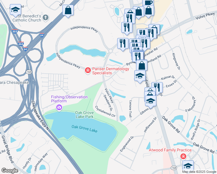map of restaurants, bars, coffee shops, grocery stores, and more near 1298 Damyien Arch in Chesapeake