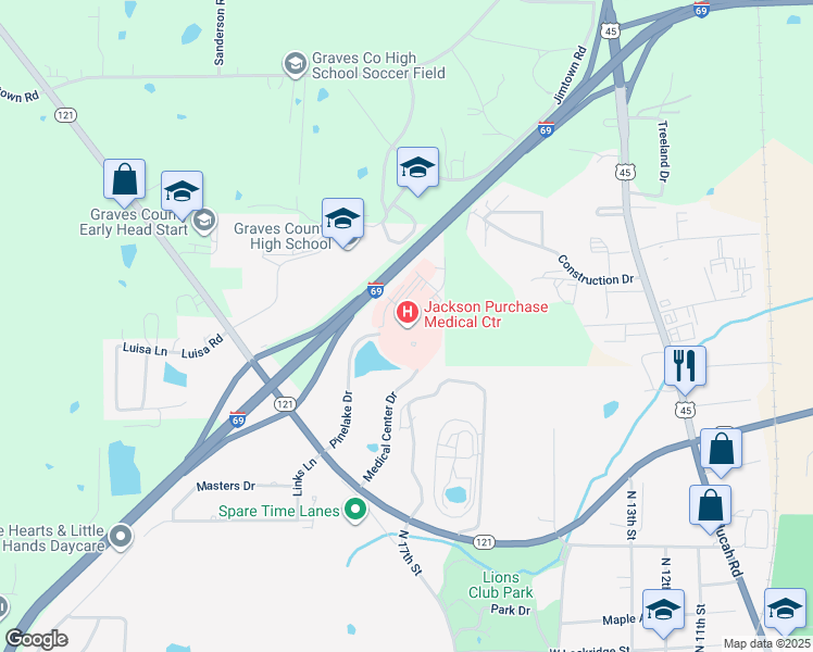 map of restaurants, bars, coffee shops, grocery stores, and more near 1099 Medical Center Circle in Mayfield