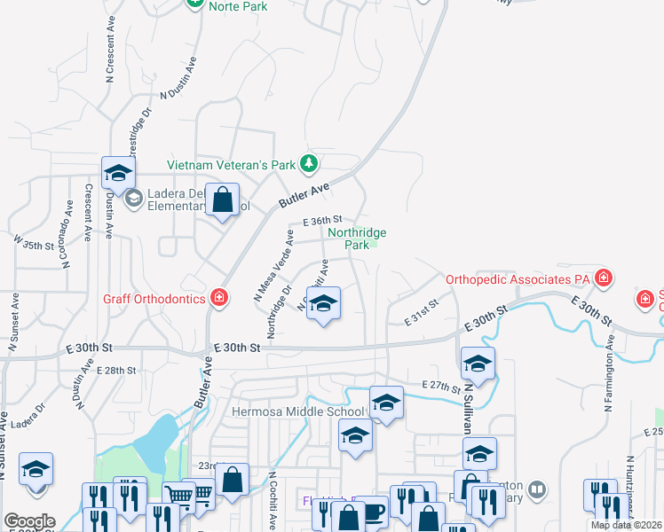 map of restaurants, bars, coffee shops, grocery stores, and more near 3340-3398 Northridge Drive in Farmington