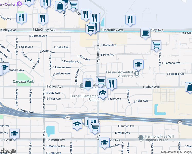 map of restaurants, bars, coffee shops, grocery stores, and more near 1221 North Peach Avenue in Fresno