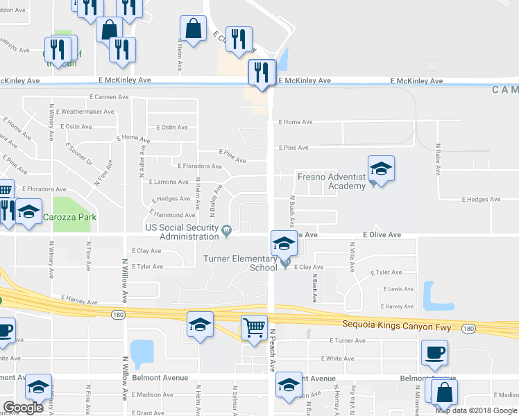 map of restaurants, bars, coffee shops, grocery stores, and more near 5148 East Hedges Avenue in Fresno