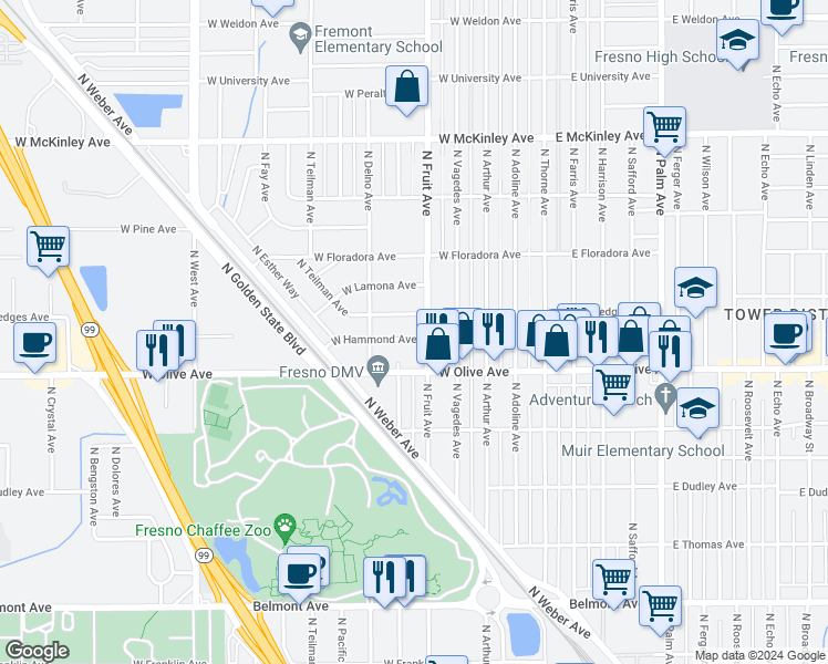 map of restaurants, bars, coffee shops, grocery stores, and more near 533 West Hedges Avenue in Fresno