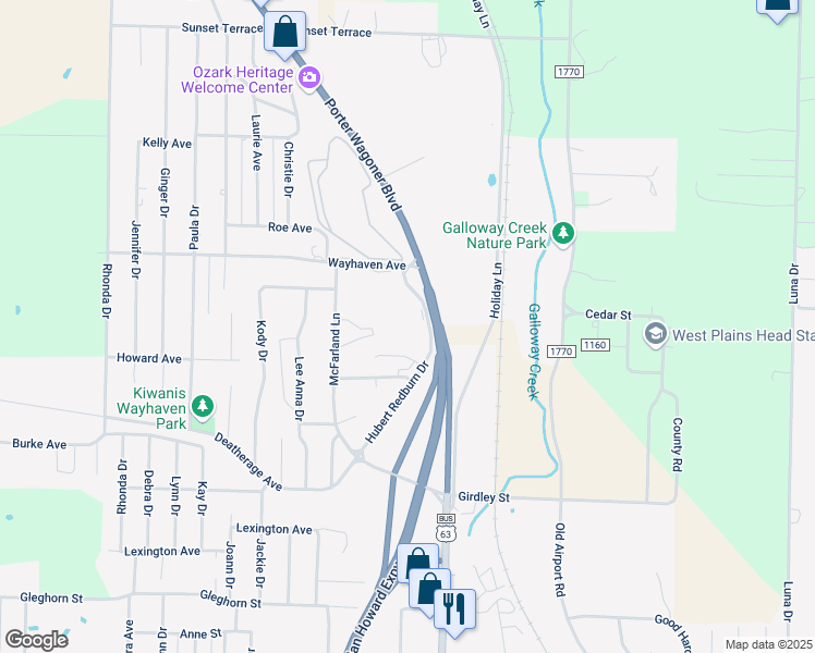 map of restaurants, bars, coffee shops, grocery stores, and more near Deatherage Avenue in West Plains