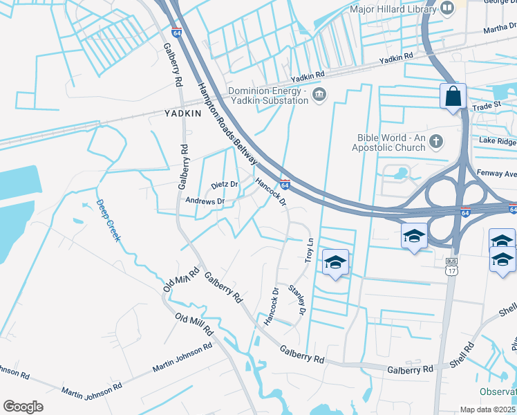 map of restaurants, bars, coffee shops, grocery stores, and more near 3203 Quinby Court in Chesapeake