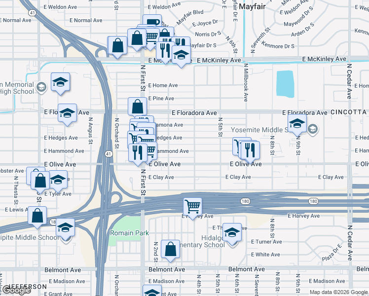 map of restaurants, bars, coffee shops, grocery stores, and more near 3309 East Hammond Avenue in Fresno