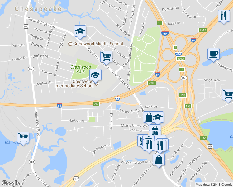 map of restaurants, bars, coffee shops, grocery stores, and more near 915 Tennyson Street in Chesapeake